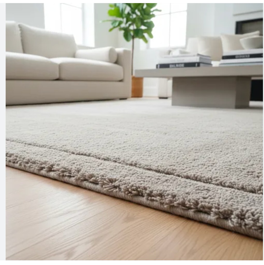 Living moderno muy luminoso: toma baja sobre alfombra peluda tono greige, piso madera clara, sillón crema y ventanales al fondo
